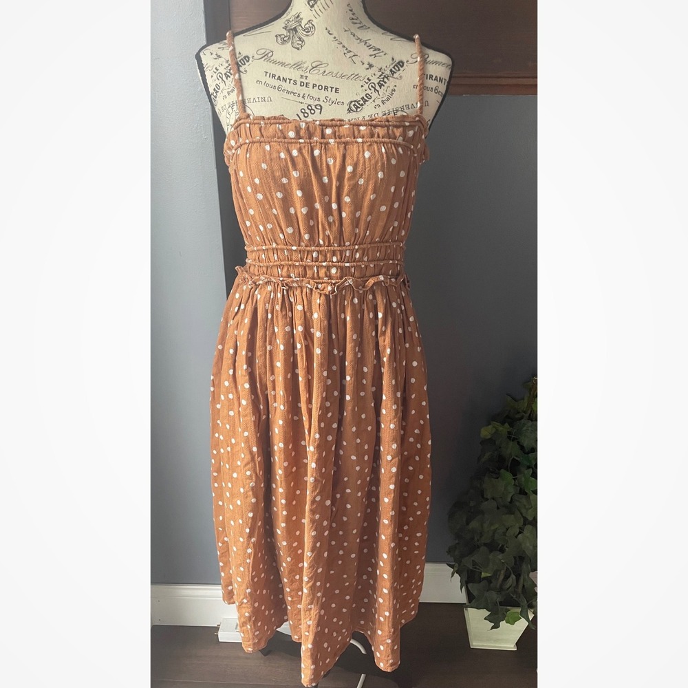 Maurices Womens Rust Brown Polka Dot Smocked Midi Dress Medium Adjustable Straps